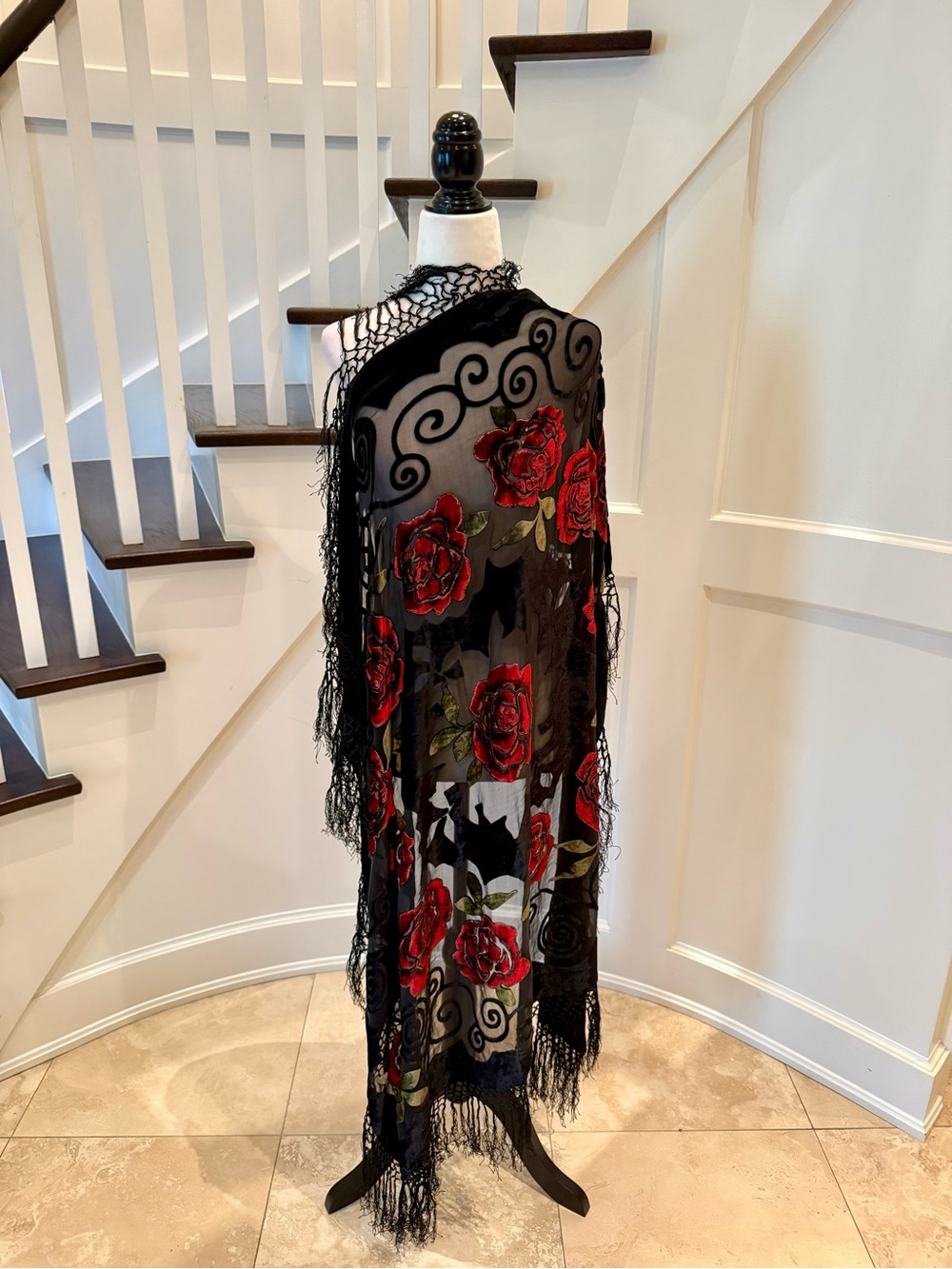 Vintage Velvet Burnout Rose Print Scarf with Fringe